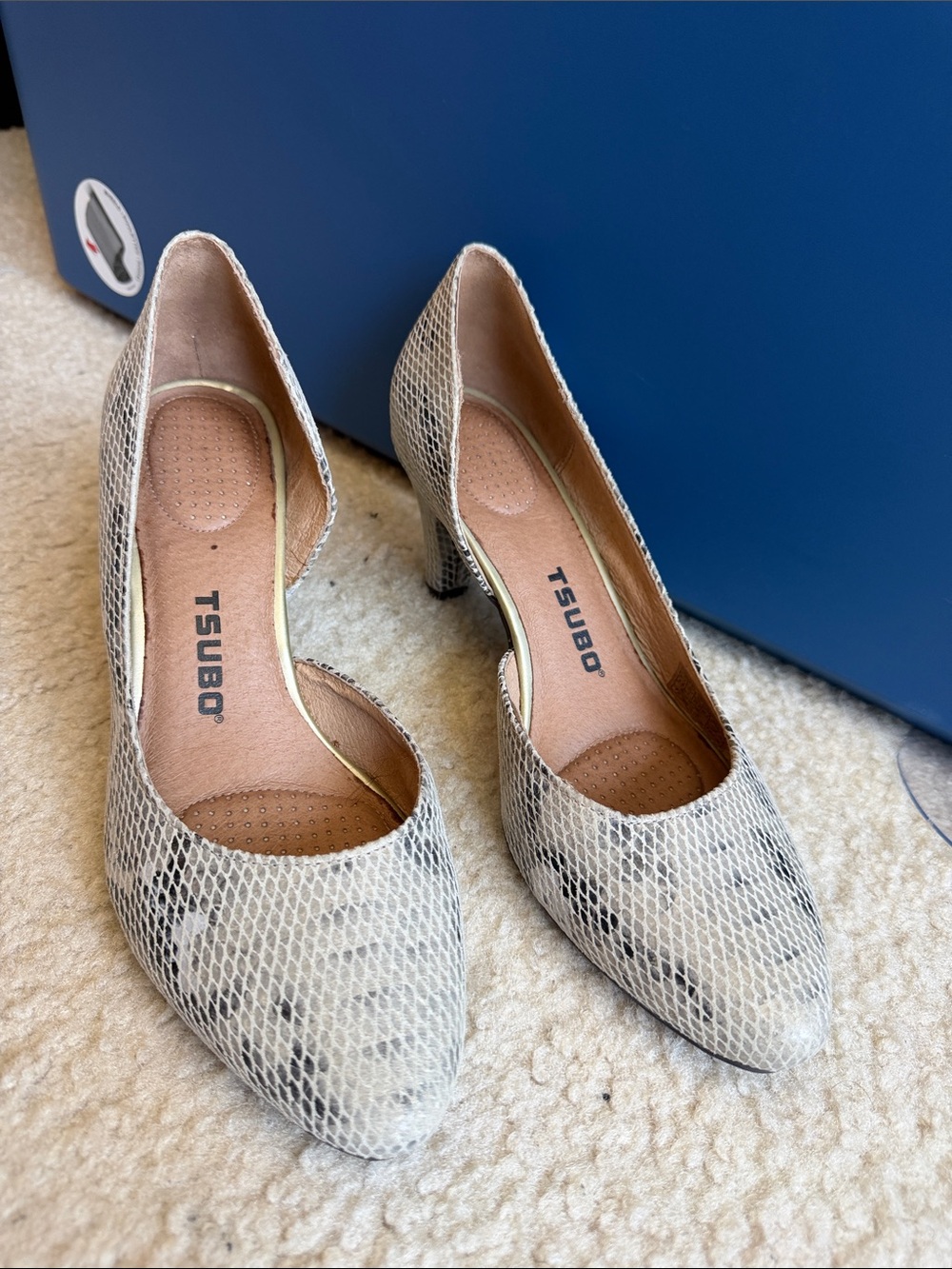 Tsubo Snake-Print Pointed Toe Pumps in Beige and Black